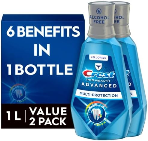 Crest Pro-Health Advanced Mouthwash, Alcohol Free, Multi-Protection, Fresh Mint, 1 L (33.8 fl oz), Pack of 2, Crest Mouthwash, Mouthwash Alcohol Free, Flouride Mouthwash