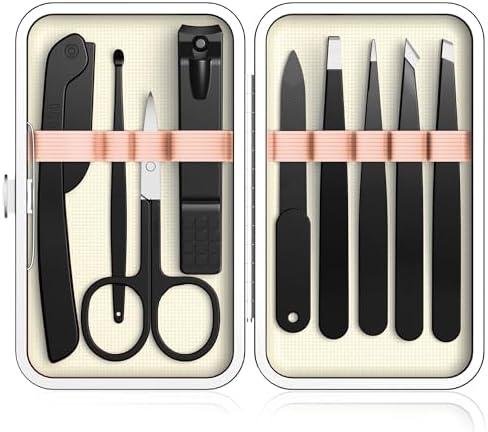 Yougai Tweezers Set,9 Pcs Professional Stainless Steel Nail Clippers and Tweezer Kit for Women and Men, Great Precision Tweezers No Gaps with Leather Travel Case