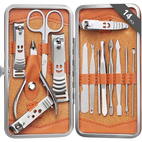 H&S Manicure Set - Pedicure & Manicure Kit for Women & Men - 14 pcs - Stainless Steel Nail Clippers & Cuticle Remover - Cutter Trimming Grooming Tools with Leather Case - Mens Manicure Set with Case
