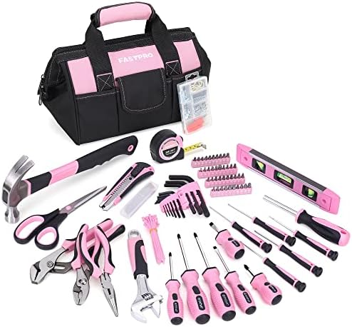 FASTPRO Pink Tool Set, 220-Piece Lady's Home Repairing Tool Kit with 12-Inch Wide Mouth Open Storage Tool Bag