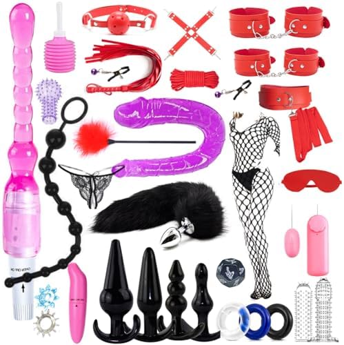 BDSM Restraints Sex Toys 32 Pcs Bondage Restraints Kits Crops Anal Plug Set Butt Plug Anal Plug Sex Toys Vibrator Anal Dildo BDSM Toy Kit for Women and Men