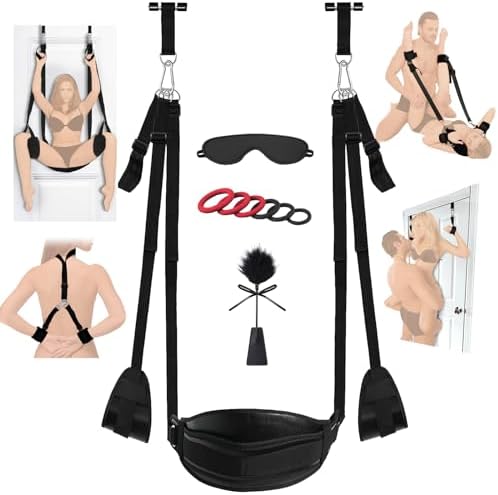 Adult Sex Toys BDSM Door Sex Swing with Seat, 9 Pcs Sex Toys Bondage Set with Penis Ring, Eye Mask, Feathers Whip, DIY Bondage SM Games for Couples, Adjustable, Removable, Free Combination