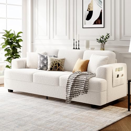 KKL 89 inch Couch for Living Room, Comfy Cloud Couch with Thick Cushion and Wide Armrest, Home Sofa Living Room with Removable Cover, Modern Couch with Firm Structure, Deep Seat Sofa, Bouclé, Offwhite
