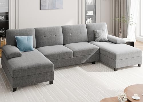 Meilocar Sectional Sofa Couch, U-Shaped Couches for Living Room, 4 Seat Sofa with Oversized Seats and Double Chaise, Large Sofa Sectional Couch for Apartment, Striped Grey