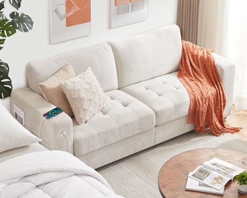 Ihanherry 89" Modern Sofa 3-Seats Couches for Living Room, Chenille Sofas with Extra Large Seat Width & Depth, USB/Type-C Charging Port & Side Pocket, Removable Medium Firm Sofa Cushion(Beige)