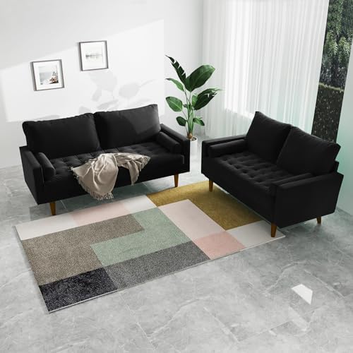 Velvet Furniture for Small Spaces, Mid-Century Modern Loveseats for Living Room, Love Seat Couch Sofas, 58 & 70 Inches, Black