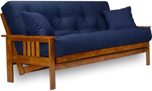 Nirvana Futons Stanford Futon Set - Full Size Futon Frame with Mattress Included (8 Inch Thick Mattress, Twill Navy Blue Color), Heavy Duty Wood, Popular Sofa Bed Choice