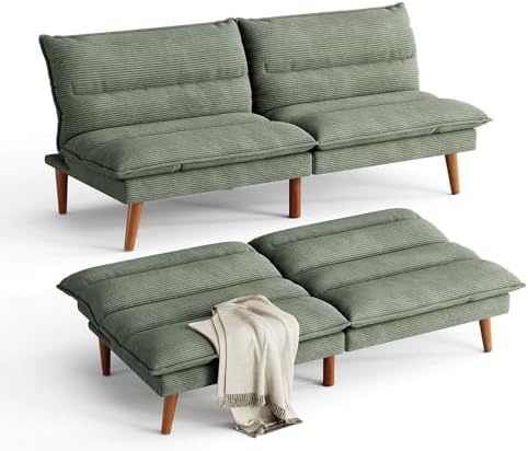 LINSY Futon Sofa Bed: 71 Inch Corduroy Futon Couch with Adjustable Backrest, Convertible Folding Futons Sofa Couches for Small Spaces Living Rooms Apartment Office, Green