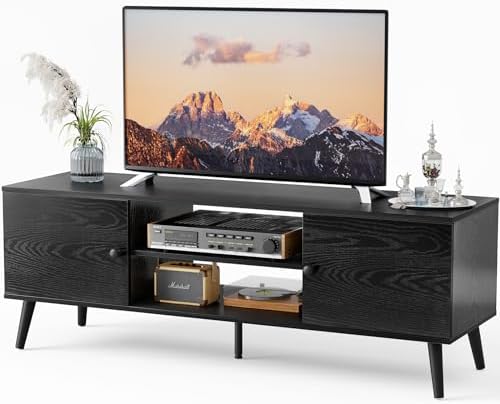 Sweetcrispy TV Stand for 55 60 inch Television, Entertainment Center with Storage, 2 Cabinet Media Console Table, Soft Hinge Door with Handle, Wood Feet, Living Room, Bedroom Furniture, Dark Black