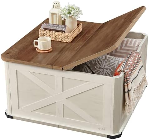 VASAGLE Farmhouse Coffee Table with Storage, Square Coffee Table for Living Room, Center Table with Flip-Top Lids, Honey Brown and Rustic White ULCT232W73