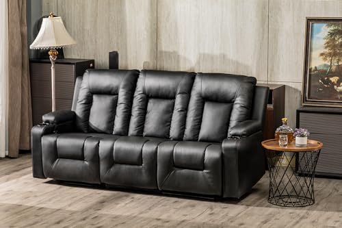 COMHOMA Recliner Chair Set, Furniture 3PC Bonded Leather Recliner Set Living Room Set, Sofa, Recline Chair (Black,Living Room Set 3)