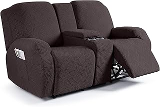 Ruaozz Stretch Loveseat Recliner Covers with Console 4-Pieces Recliner Sofa Covers with Pockets Jacquard Reclining Couch Covers Furniture Protector with Elastic Straps Bottom (2 Seater, Chocolate)
