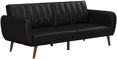 Novogratz Brittany 82 Inch Futon Sofa Bed in Faux Leather, Upholstered Couch Sleeper with Tufted Back, Mid-Century Modern, Black