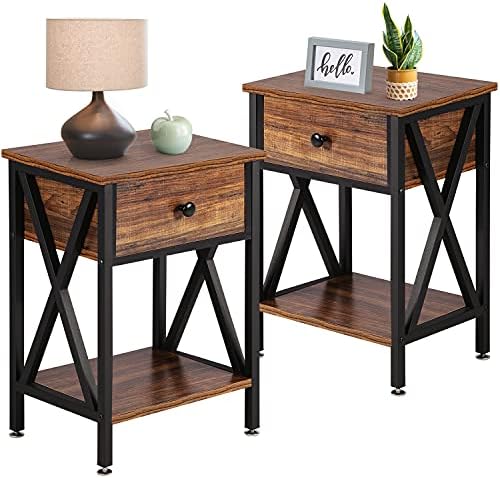 VECELO Nightstands Set of 2, Modern Bedside End Tables, Night Stands with Drawer and Storage Shelf for Living Room Bedroom, Industrial Metal Frame
