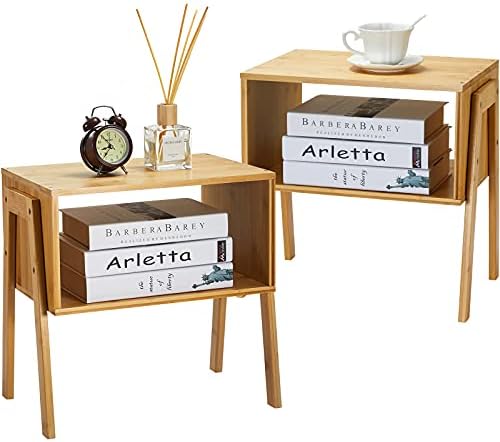 Pipishell Bamboo Stackable End Tables, Wood Living Room Nightstand, Bedside Tables for Bedroom Storage, Set of 2