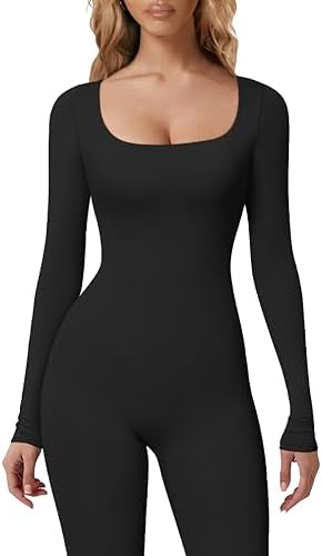HYZ Women's Fall Long Sleeve Square Neck High Stretchy Fitted Going Out One Piece Jumpsuit