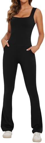 Lingswallow Flare Jumpsuits for Women Bodycon Square Neck Tank Top Wide Leg Full Bodysuit Workout Outfits Onesie with Pockets