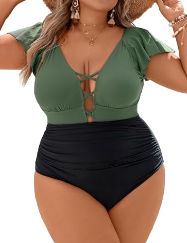 Blooming Jelly Women's Plus Size One Piece Swimsuit Tummy Control Bathing Suit Cute V Neck Maternity Swimwear