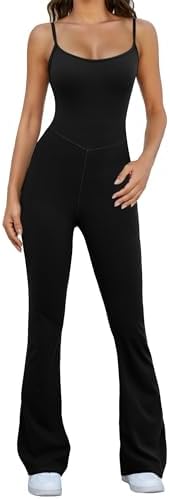 Flare Jumpsuits for Women Adjustable Spaghetti Strap Bodycon Jumpsuit Scoop Neck Workout Romper Casual Unitard