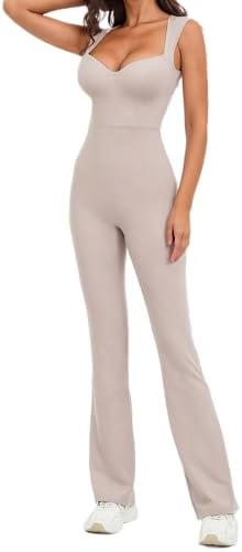 Wenlia Womens Workout Flare Jumpsuits Athletic One Piece Unitard Jumpsuit Stretchy Yoga Flared Leg Romper Built In Bra