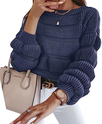 PRETTYGARDEN Women's 2024 Fall Sweaters Casual Crew Neck Pullover Long Puff Sleeve Loose Plain Chunky Knit Cute Blouse Tops