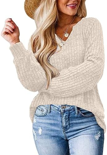 Sweaters for Women Long Sleeve V Neck Shirts Loose Casual Fashion Tops