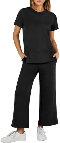 ANRABESS Women 2 Piece Outfits Summer Short Sleeve Wide Leg Tracksuits Casual Matching Lounge Sets Sweatsuits Travel Clothes