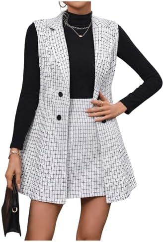Floerns Women's 2 Piece Outfit Workwear Plaid Print Lapel Neck Vest Blazer and Skirt Set
