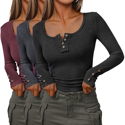 SUNBS Womens 3 Packs Long Sleeve Shirts Casual Fall Fashion Outfits Clothes Henley Tops Basic Ribbed Knit T-Shirts 2024