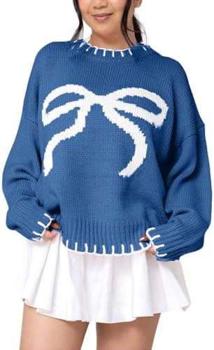 Women Y2K Bow Knit Fall Winter Sweater Crew Neck Long Sleeve Knitted Pullover Oversized Knitwear