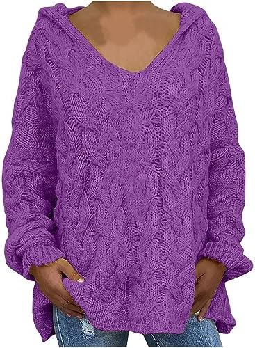 Cable Knit Sweater for Women Oversized Hoodie Sweaters Long Sleeve V Neck Pullover Top Loose Hooded Jumper Knitwear