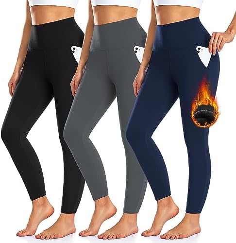 3 Pack Fleece Lined Leggings Women with Pockets -Warm Winter Yoga Pants for Women Thermal Running Workout Leggings