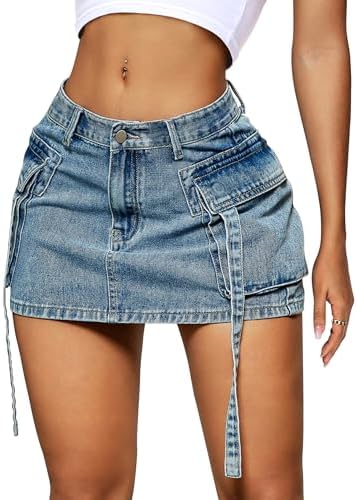 Womens Cargo Skirt Low Waist Button Denim Mini Skirt Summer Y2k Jean Skirt with Flap Pockets