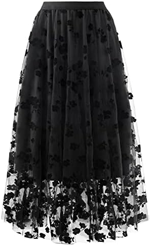Skirts for Women Midi Long Length Dressy Casual Trendy Summer Tulle A-Line Floral High Waist Skirt