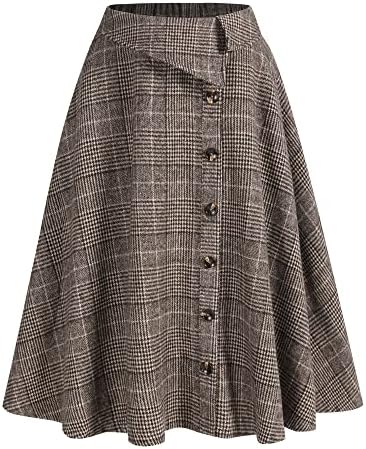 ZAFUL Women's Winter Skirt Plaid A-Line Pleated Midi Skirt High Elastic Waist Vintage Tartan Skirt with Pockets