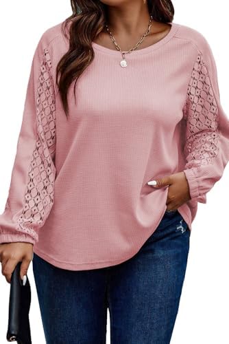 Eytino Womens Plus Size Tops Lace Long Sleeve Waffle T Shirts Casual Crewneck Tunic Tops(1X-5X)