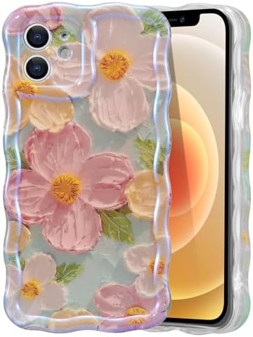 EYZUTAK Case for iPhone 11, Colorful Retro Oil Painting Printed Flower Laser Beam Glossy Pattern Cute Curly Waves Border Exquisite Phone Cover Stylish Durable TPU Protective Case for Girls Women-Green