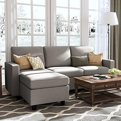 HONBAY Convertible Sectional Sofa, L Shaped Couch with Linen Fabric, Reversible Couch for Small Space, Light Grey