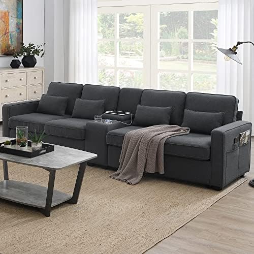 Upholstered Sectional Sofa with Console, 2 Cup Holders and 2 USB Ports & Wirelessly Charged, Modern Linen Fabric 4-Seat Couch with 4 Pillows for Living Room, Apartment, Office, 114.2inch