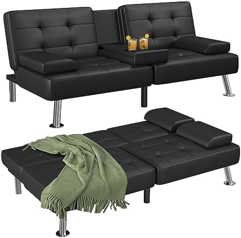 Flamaker Futon Sofa Bed Modern Folding Futon Set Faux Leather Convertible Recliner Lounge for Living Room with 2 Cup Holders, Removable Armrests (Faux Leather, Black)