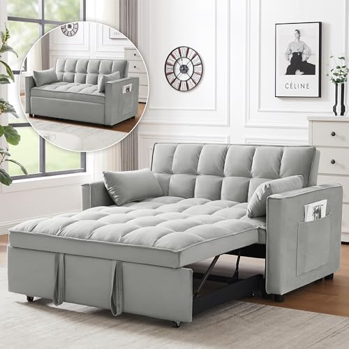 3 in 1 Convertible Sleeper Sofa Bed, Futon Couches for Living Room with Side Pocket | Adjustable Backrest | Velvet Fabric | Pull Out Couch | Loveseat | Sectional Sofa Bed(Grey)