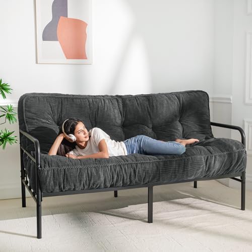 MAXYOYO 8" Futon Mattress Full Size, Ultra Thick Futons Sofa Couch Bed Tufted Sleeper Sofa Bed, Corded Fabric Floor Mattress for Adults, Shredded Foam Filling (Frame Not Included), Dark Grey