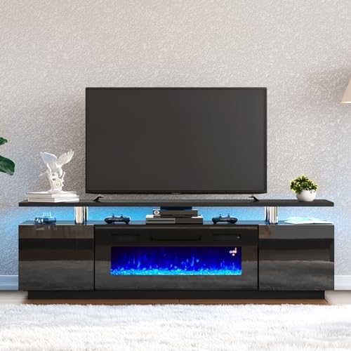 AMERLIFE Fireplace TV Stand with 36" Fireplace, 70" Modern High Gloss Fireplace Entertainment Center LED Lights, 2 Tier TV Console Cabinet for TVs Up to 80", Obsidian Black