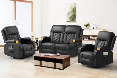 Loveseat Recliner Sofa Set with 2+1+1 Pieces in Living Room, 2 Seater Reclining Loveseat Leather, 2 Recliner Chairs with 360 Degree Swivel Single Sofa Seat