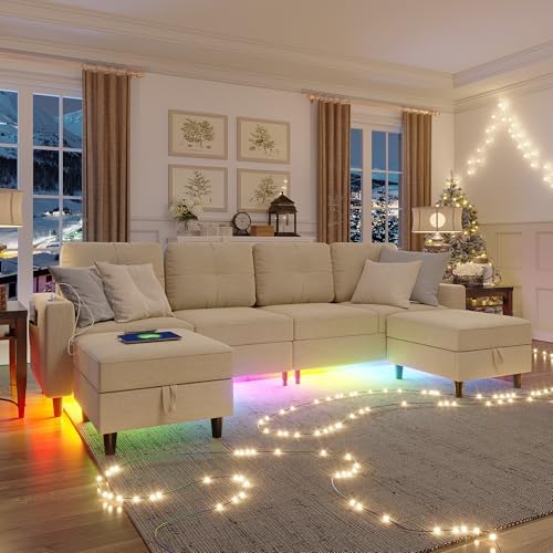 HNEBC Modular Sectional Sofa with Charging Station, Sectional Couches with LED Lights for Living Room, U/L Shaped Couch with Storage Ottoman, 6 Seats Convertible Sofa with Music Sync (Beige)