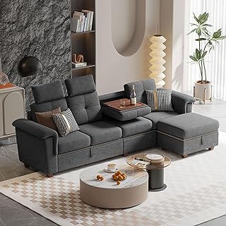 Convertible Sectional Sofa, Modern Microfibe High Back L Shaped Couch with Storage Chaise and Cup Holder 4 Seat Sofa Couches with Extra Headrests for Living Room, Apartment, Dark Grey