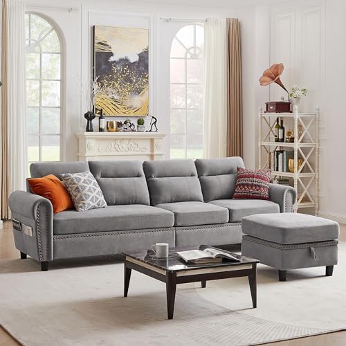 107" Sectional Sofa with Storage, Modern Linen L Shaped Sofa Couch with Reversible Chaise and Side Pocket, 4-Seat Convertible Sofa for Living Room, Apartment, Office, Light Grey