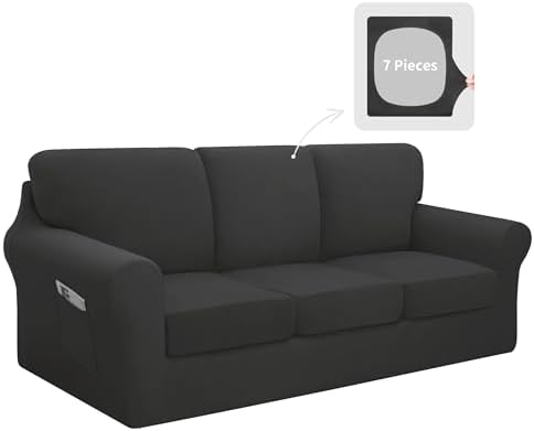 Easy-Going 7 Pieces Stretch Couch Cover Washable Sofa Cover Set for 3 Backrest and Seat Cushion Couch Anti-Slip Sofa Slipcover Furniture Protector with Elastic Bottom (Large, Dark Grey)