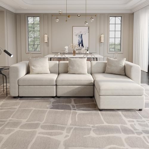 Velvet Sectional Sofa, Modern Oversized 4-Seater Sofa with 3 Pillows and Storage Footstool, Convertible Sofa with Cushions, L-Shaped Sofa for Living Room, Apartment, Home (4 Seat Sofa)