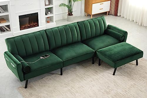 DURASPACE Velvet Sectional Convertible Sofa with Chaise, 106.5" L Shape Sectional Sofa Couch with USB, Split Back Folding Futon Couch for Living Room (Green)